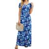 imageGRECERELLE Women Summer Crew Neck Casual Short Sleeve Solid Floral Print Long Maxi Dress with PocketsBlue Ink White