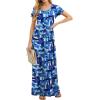 imageGRECERELLE Women Summer Crew Neck Casual Short Sleeve Solid Floral Print Long Maxi Dress with PocketsBlue Ink White