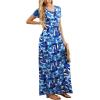 imageGRECERELLE Women Summer Crew Neck Casual Short Sleeve Solid Floral Print Long Maxi Dress with PocketsBlue Ink White