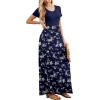 imageGRECERELLE Women Summer Crew Neck Casual Short Sleeve Solid Floral Print Long Maxi Dress with PocketsBlue Small Flower