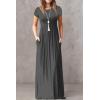 imageGRECERELLE Women Summer Crew Neck Casual Short Sleeve Solid Floral Print Long Maxi Dress with PocketsDark Gray