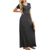 imageGRECERELLE Women Summer Crew Neck Casual Short Sleeve Solid Floral Print Long Maxi Dress with PocketsDark Gray