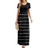 imageGRECERELLE Women Summer Crew Neck Casual Short Sleeve Solid Floral Print Long Maxi Dress with PocketsFlowerblack Stripe
