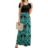 imageGRECERELLE Women Summer Crew Neck Casual Short Sleeve Solid Floral Print Long Maxi Dress with PocketsFlowerblue Green