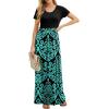 imageGRECERELLE Women Summer Crew Neck Casual Short Sleeve Solid Floral Print Long Maxi Dress with PocketsFlowerblue Green