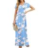 imageGRECERELLE Women Summer Crew Neck Casual Short Sleeve Solid Floral Print Long Maxi Dress with PocketsFlowerlight Blue