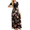 imageGRECERELLE Women Summer Crew Neck Casual Short Sleeve Solid Floral Print Long Maxi Dress with PocketsFlowerrose Black