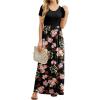 imageGRECERELLE Women Summer Crew Neck Casual Short Sleeve Solid Floral Print Long Maxi Dress with PocketsFlowerrose Black