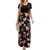 imageGRECERELLE Women Summer Crew Neck Casual Short Sleeve Solid Floral Print Long Maxi Dress with PocketsFlowerrose Black