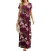 imageGRECERELLE Women Summer Crew Neck Casual Short Sleeve Solid Floral Print Long Maxi Dress with PocketsFlowerwine Red
