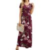 imageGRECERELLE Women Summer Crew Neck Casual Short Sleeve Solid Floral Print Long Maxi Dress with PocketsFlowerwine Red
