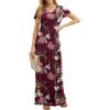 imageGRECERELLE Women Summer Crew Neck Casual Short Sleeve Solid Floral Print Long Maxi Dress with PocketsFlowerwine Red