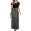 imageGRECERELLE Women Summer Crew Neck Casual Short Sleeve Solid Floral Print Long Maxi Dress with PocketsLeopard Print Black