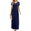 imageGRECERELLE Women Summer Crew Neck Casual Short Sleeve Solid Floral Print Long Maxi Dress with PocketsNavy Blue