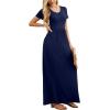 imageGRECERELLE Women Summer Crew Neck Casual Short Sleeve Solid Floral Print Long Maxi Dress with PocketsNavy Blue