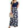 imageGRECERELLE Women Summer Crew Neck Casual Short Sleeve Solid Floral Print Long Maxi Dress with PocketsNavy Blue Floral
