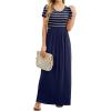 imageGRECERELLE Women Summer Crew Neck Casual Short Sleeve Solid Floral Print Long Maxi Dress with PocketsNavy Striped