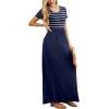 imageGRECERELLE Women Summer Crew Neck Casual Short Sleeve Solid Floral Print Long Maxi Dress with PocketsNavy Striped