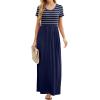 imageGRECERELLE Women Summer Crew Neck Casual Short Sleeve Solid Floral Print Long Maxi Dress with PocketsNavy Striped