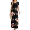 imageGRECERELLE Women Summer Crew Neck Casual Short Sleeve Solid Floral Print Long Maxi Dress with PocketsRed Brown Flowers Black