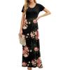 imageGRECERELLE Women Summer Crew Neck Casual Short Sleeve Solid Floral Print Long Maxi Dress with PocketsRed Brown Flowers Black