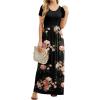 imageGRECERELLE Women Summer Crew Neck Casual Short Sleeve Solid Floral Print Long Maxi Dress with PocketsRed Brown Flowers Black