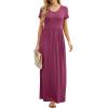 imageGRECERELLE Women Summer Crew Neck Casual Short Sleeve Solid Floral Print Long Maxi Dress with PocketsRed Gray