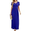 imageGRECERELLE Women Summer Crew Neck Casual Short Sleeve Solid Floral Print Long Maxi Dress with PocketsRoyal Blue
