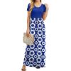 imageGRECERELLE Women Summer Crew Neck Casual Short Sleeve Solid Floral Print Long Maxi Dress with PocketsRoyal Blue Floral