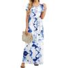 imageGRECERELLE Women Summer Crew Neck Casual Short Sleeve Solid Floral Print Long Maxi Dress with PocketsWhite Ink Blue