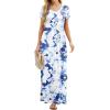imageGRECERELLE Women Summer Crew Neck Casual Short Sleeve Solid Floral Print Long Maxi Dress with PocketsWhite Ink Blue