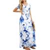 imageGRECERELLE Women Summer Crew Neck Casual Short Sleeve Solid Floral Print Long Maxi Dress with PocketsWhite Ink Blue
