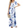 imageGRECERELLE Women Summer Crew Neck Casual Short Sleeve Solid Floral Print Long Maxi Dress with PocketsWhite Ink Blue