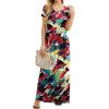 imageGRECERELLE Women Summer Crew Neck Casual Short Sleeve Solid Floral Print Long Maxi Dress with PocketsWhite Ink Red