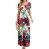 imageGRECERELLE Women Summer Crew Neck Casual Short Sleeve Solid Floral Print Long Maxi Dress with PocketsWhite Ink Red