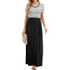 imageGRECERELLE Women Summer Crew Neck Casual Short Sleeve Solid Floral Print Long Maxi Dress with PocketsWhite Striped
