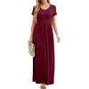imageGRECERELLE Women Summer Crew Neck Casual Short Sleeve Solid Floral Print Long Maxi Dress with PocketsWine Red
