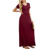 imageGRECERELLE Women Summer Crew Neck Casual Short Sleeve Solid Floral Print Long Maxi Dress with PocketsWine Red