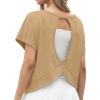 imageGRECERELLE Womens Open Back Workout Tops Backless Athletic Shirts Casual Crop Running Tee Y2k YogaKhaki