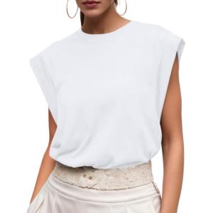 imageGRECERELLE Women 2025 Cap Sleeve Tops Summer Casual Tee Shirt Loose Crew Neck Basic Tank Trendy Work Vacation Outfits S2XL01 White