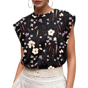 imageGRECERELLE Women 2025 Cap Sleeve Tops Summer Casual Tee Shirt Loose Crew Neck Basic Tank Trendy Work Vacation Outfits S2XLBlack Ink Lotus