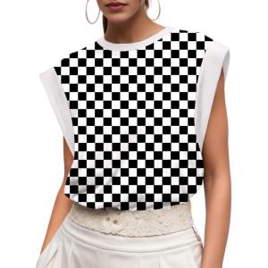 imageGRECERELLE Women 2025 Cap Sleeve Tops Summer Casual Tee Shirt Loose Crew Neck Basic Tank Trendy Work Vacation Outfits S2XLBlack White Plaid