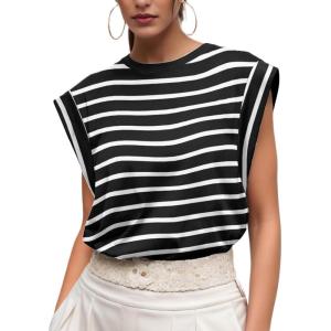 imageGRECERELLE Women 2025 Cap Sleeve Tops Summer Casual Tee Shirt Loose Crew Neck Basic Tank Trendy Work Vacation Outfits S2XLBlack White Stripe