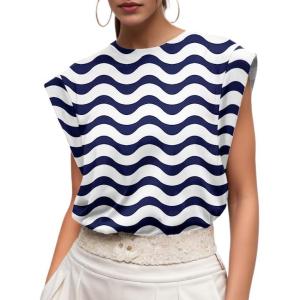 imageGRECERELLE Women 2025 Cap Sleeve Tops Summer Casual Tee Shirt Loose Crew Neck Basic Tank Trendy Work Vacation Outfits S2XLBlue White Wave