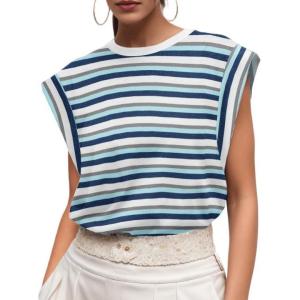 imageGRECERELLE Women 2025 Cap Sleeve Tops Summer Casual Tee Shirt Loose Crew Neck Basic Tank Trendy Work Vacation Outfits S2XLStripe Blue