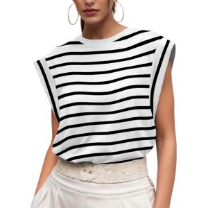 imageGRECERELLE Women 2025 Cap Sleeve Tops Summer Casual Tee Shirt Loose Crew Neck Basic Tank Trendy Work Vacation Outfits S2XLWhite Black Stripe