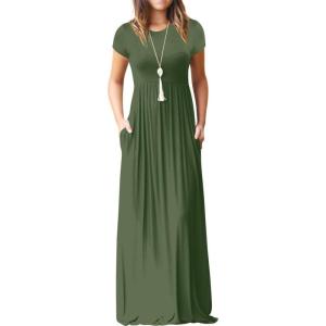 imageGRECERELLE Women Summer Crew Neck Casual Short Sleeve Solid Floral Print Long Maxi Dress with PocketsArmy Green