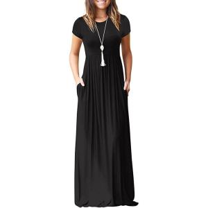 imageGRECERELLE Women Summer Crew Neck Casual Short Sleeve Solid Floral Print Long Maxi Dress with PocketsBlack