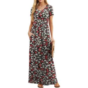 imageGRECERELLE Women Summer Crew Neck Casual Short Sleeve Solid Floral Print Long Maxi Dress with PocketsBlack Daffodil