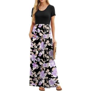 imageGRECERELLE Women Summer Crew Neck Casual Short Sleeve Solid Floral Print Long Maxi Dress with PocketsBlack Purple Bloom